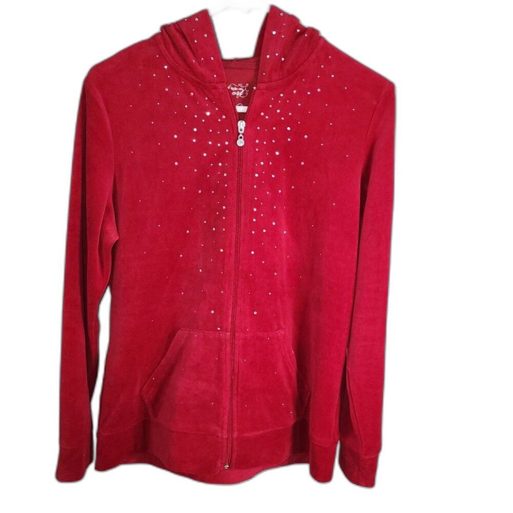 Style & CO Sport Red Velour Rhinestone Zipper Hoodie Jacket Size M
